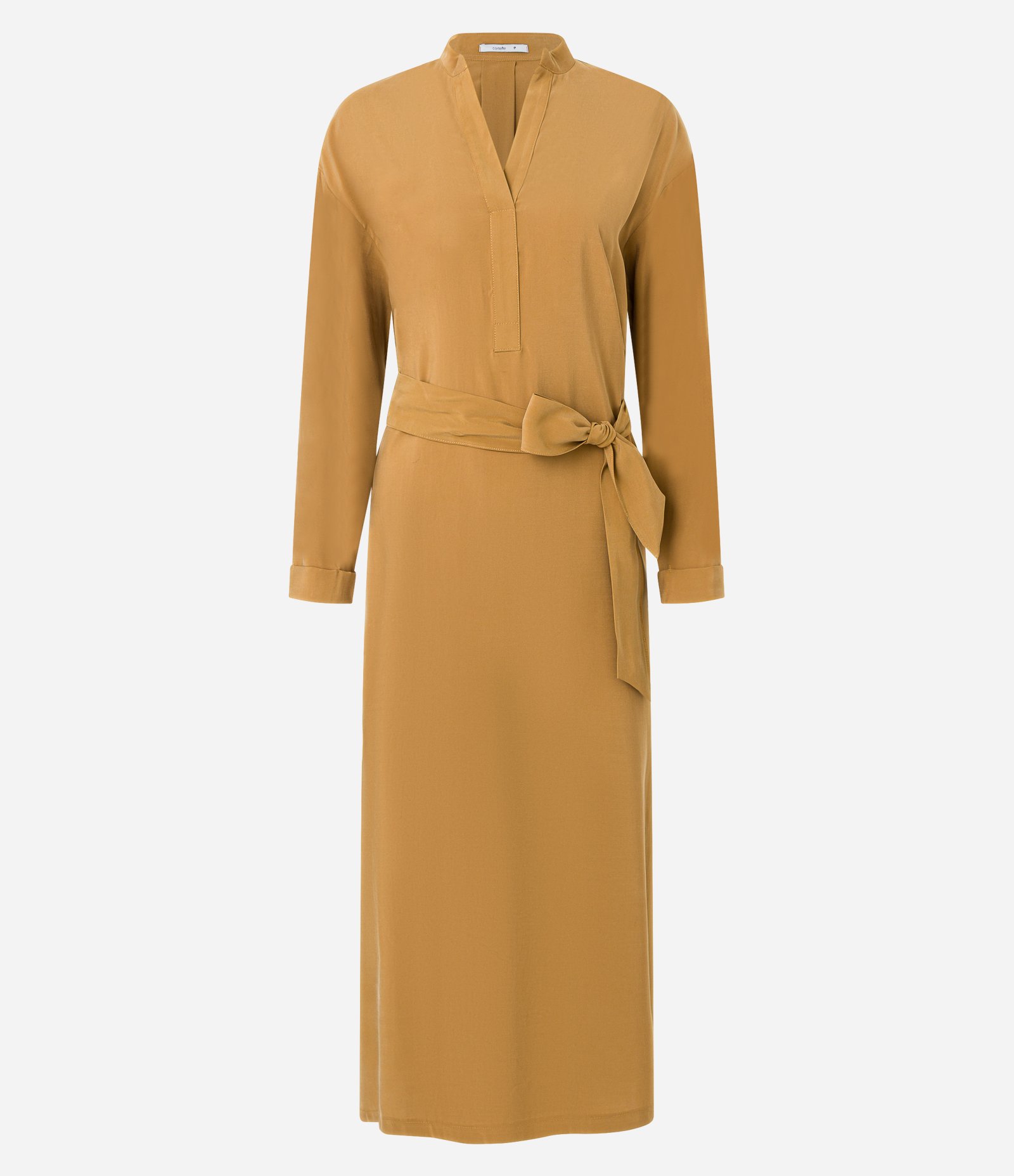 Vestido Evasê Midi em Viscose com Cinto de Tecido Mostarda 8