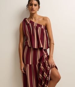 Vestido Midi Ombro Só em Viscolinho com Blocos de Cor Bicolor