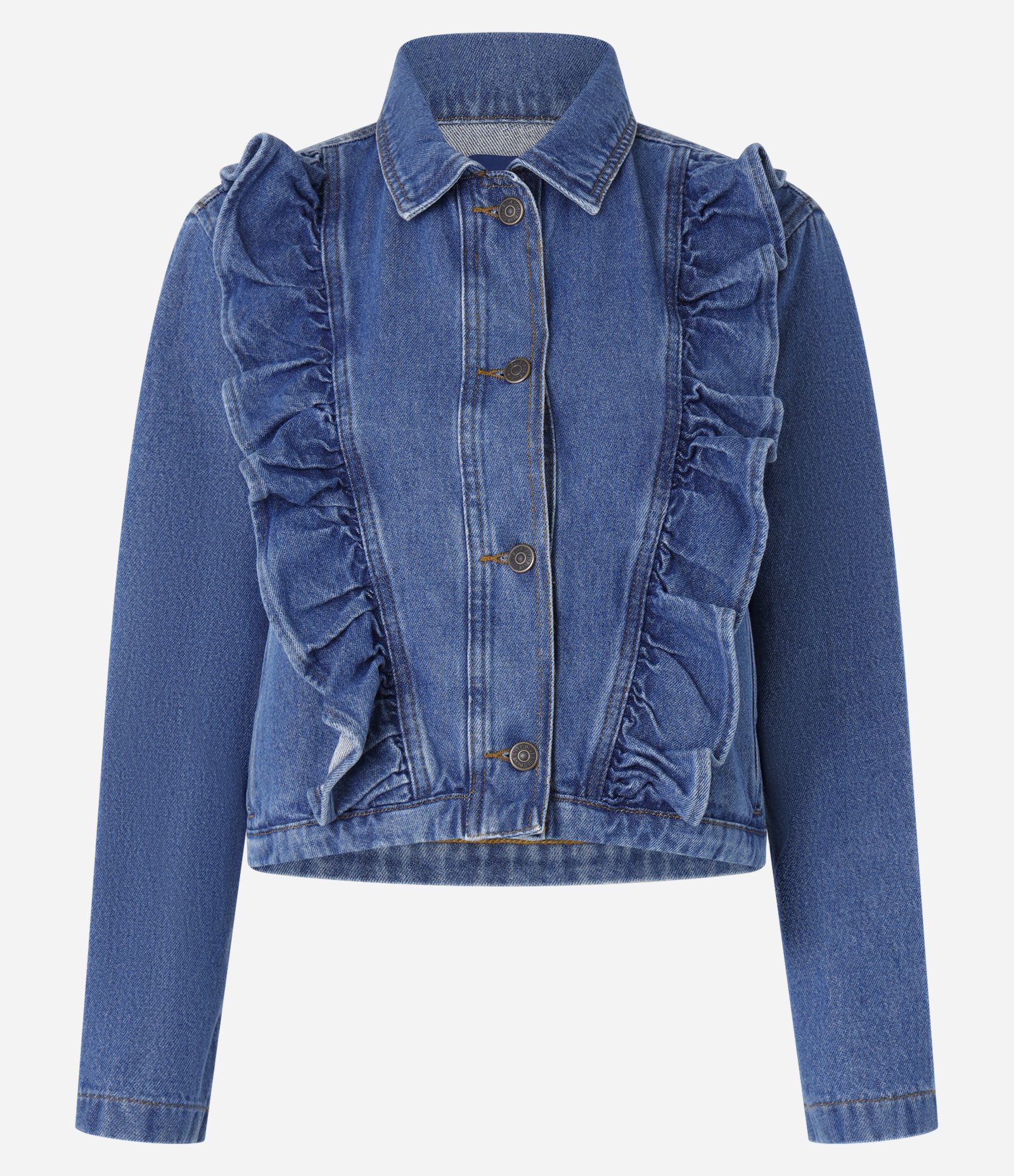 Jaqueta Curta em Jeans com Babados Frontais Azul Médio 5