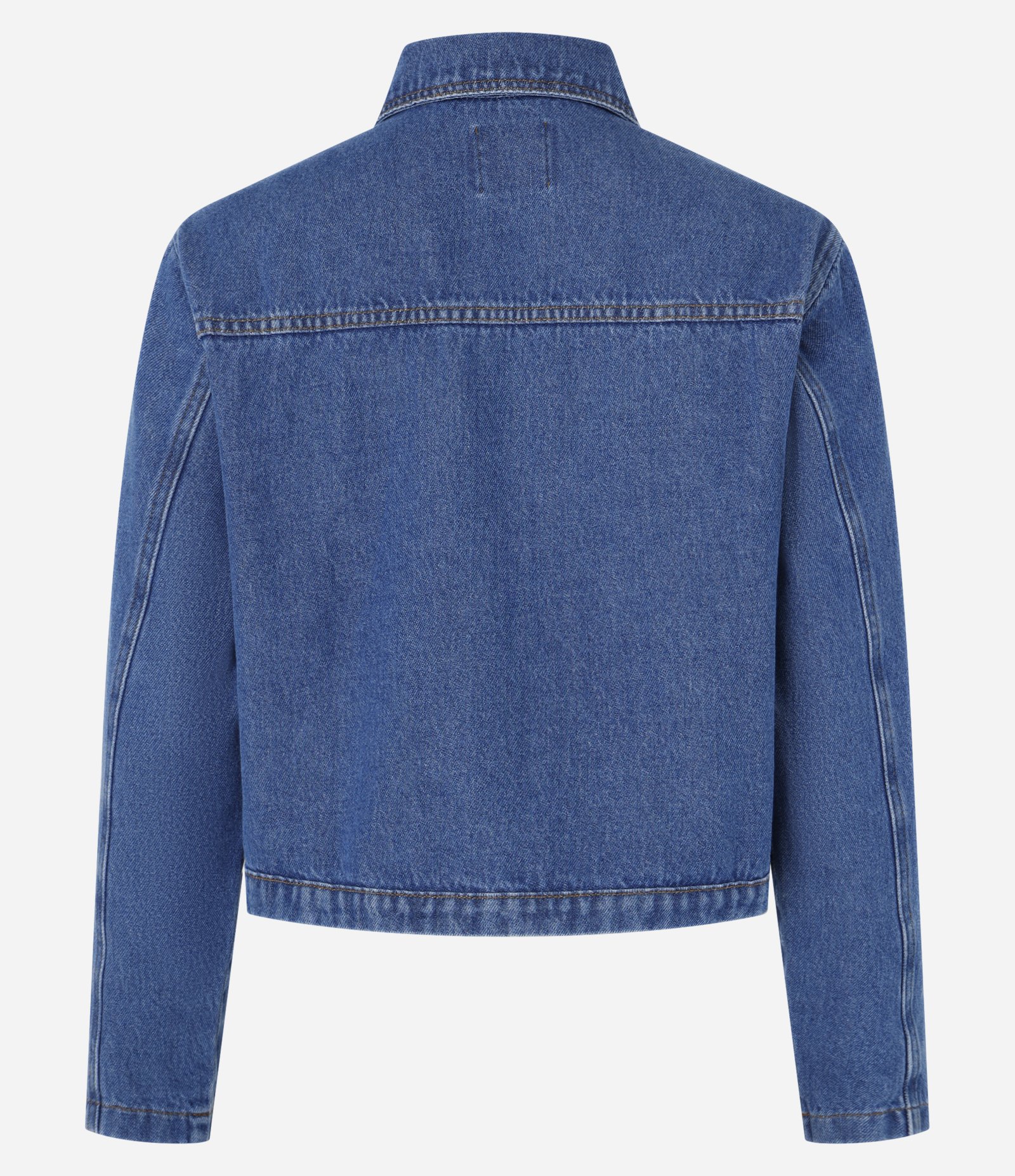 Jaqueta Curta em Jeans com Babados Frontais Azul Médio 6