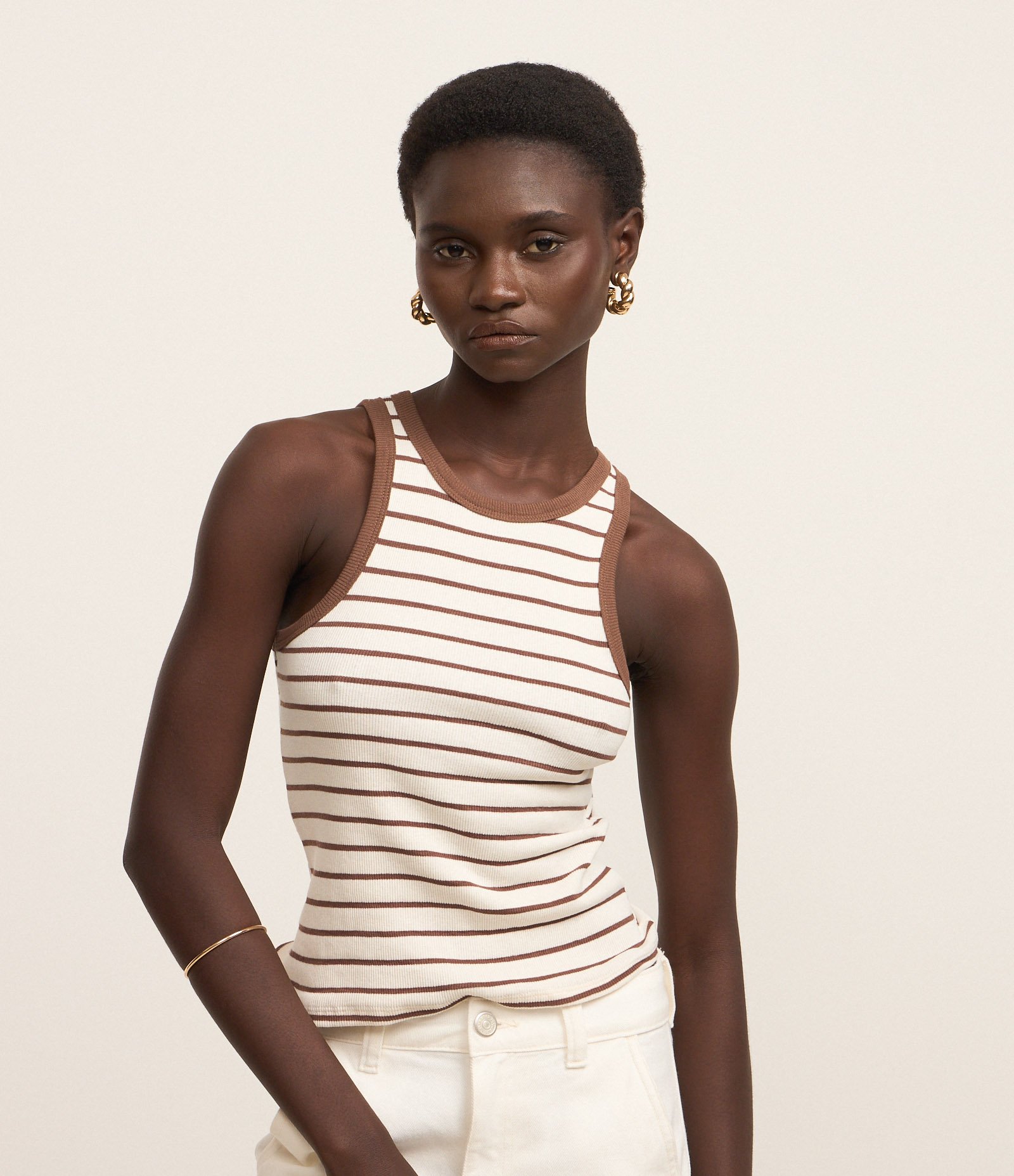 Regata em Ribana Listrada com Viés Contrastante Marrom 1