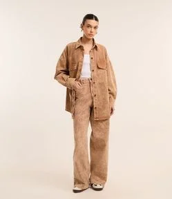 Calça Wide Leg em Sarja Manchadinha com Cintura Alta