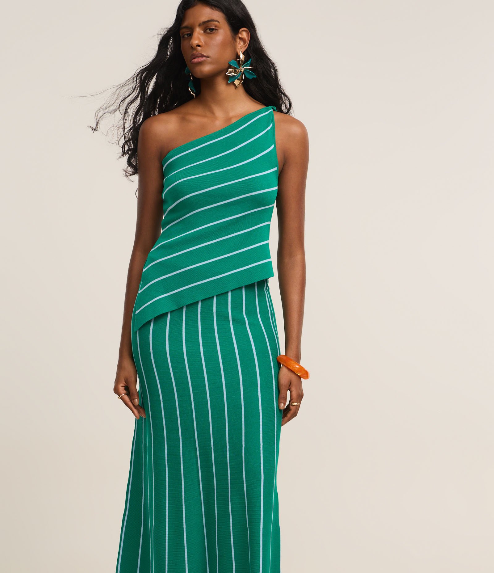 Saia Longa em Tricô com Listras Verde 2