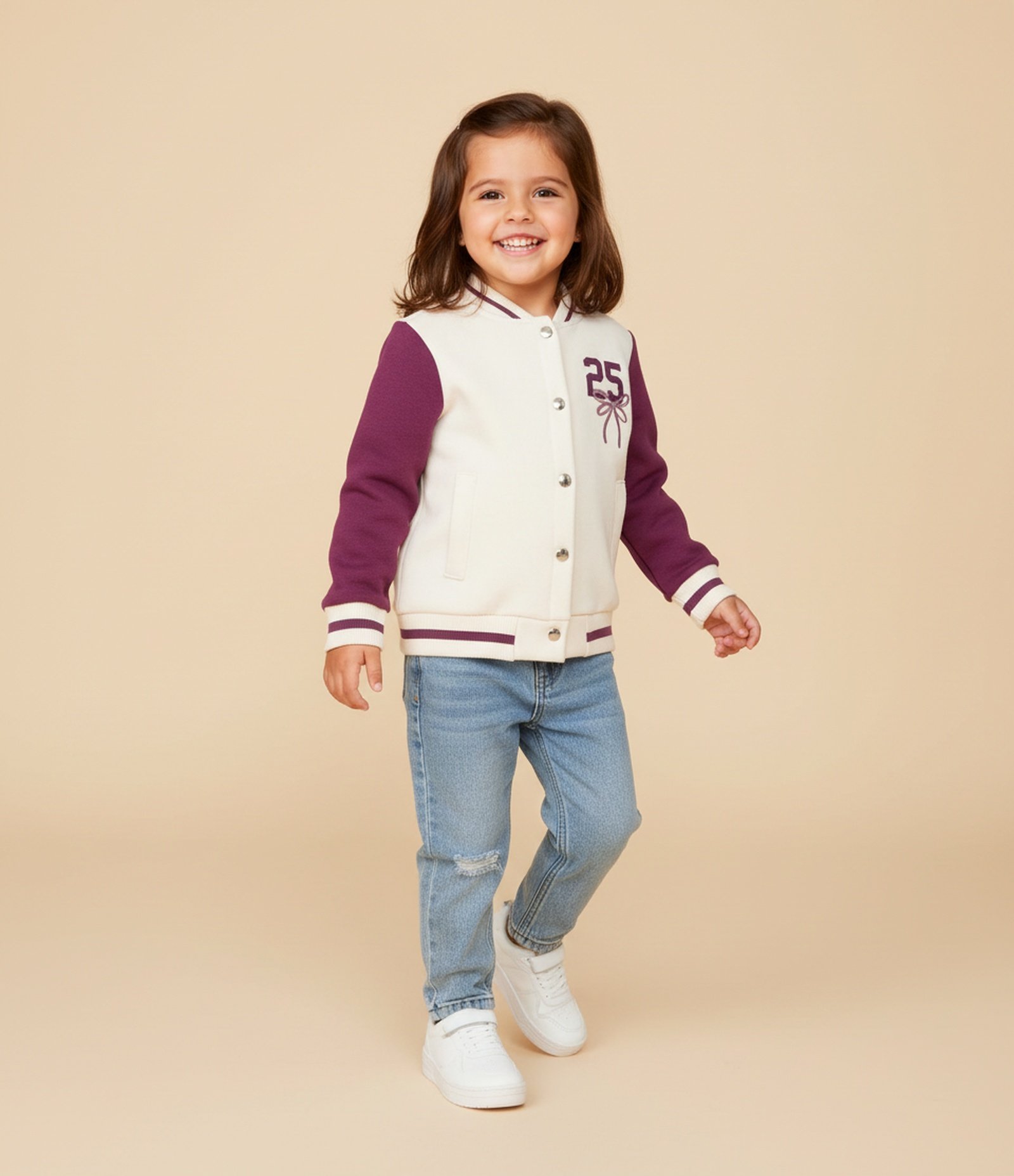 Jaqueta Bomber Infantil com Mangas Contrastantes - Tam 1 a 6 Anos Off White/Roxo 1