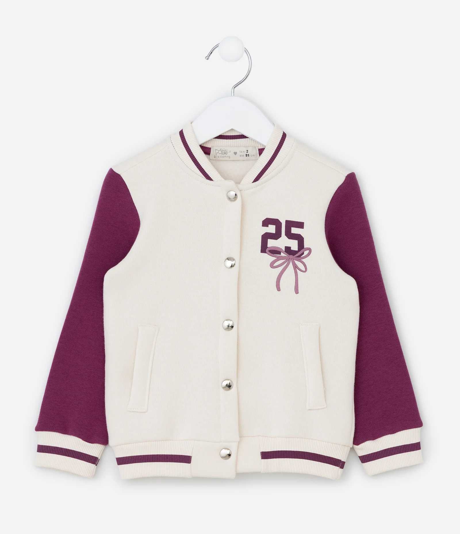 Jaqueta Bomber Infantil com Mangas Contrastantes - Tam 1 a 6 Anos Off White/Roxo 2