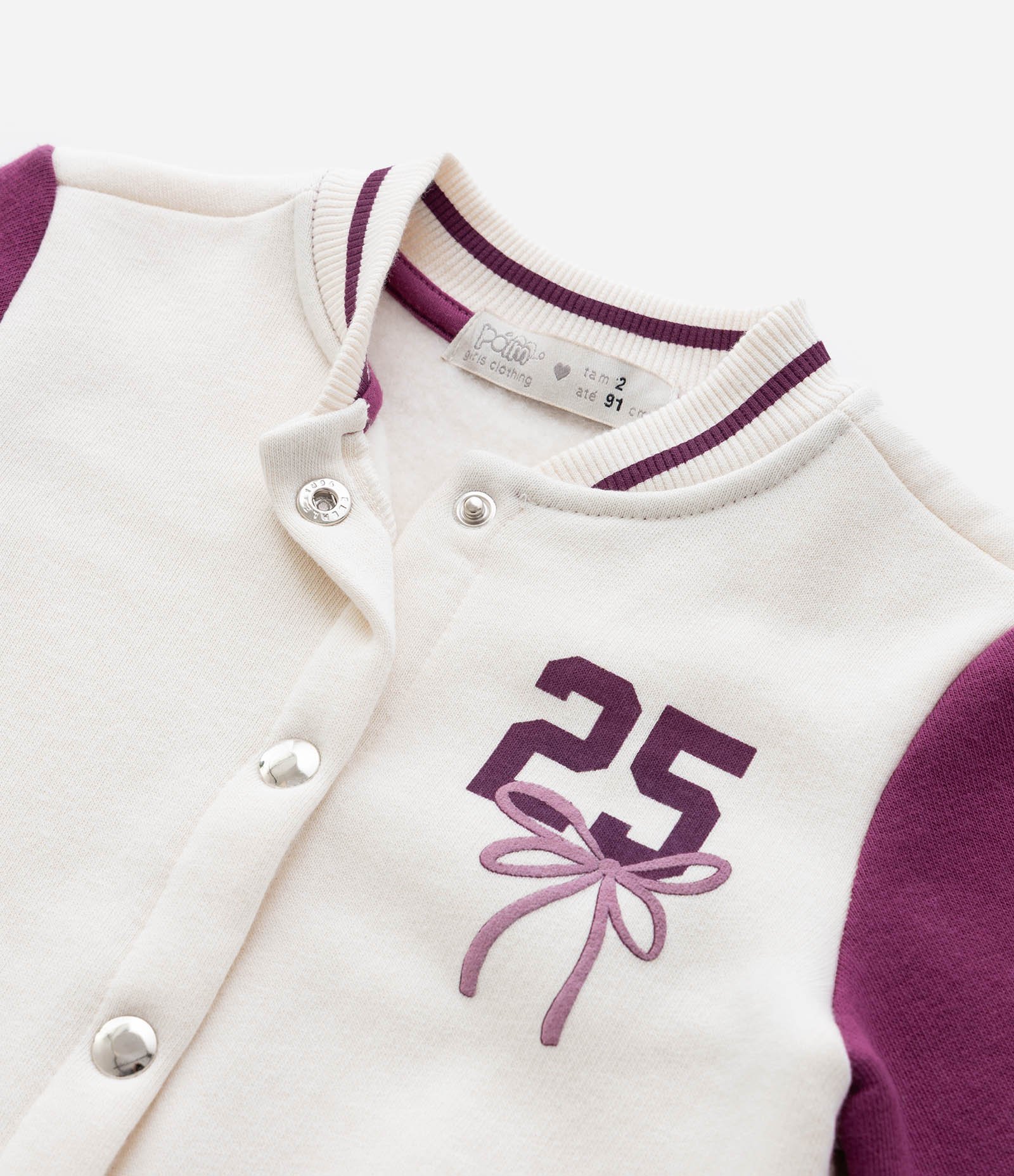 Jaqueta Bomber Infantil com Mangas Contrastantes - Tam 1 a 6 Anos Off White/Roxo 7