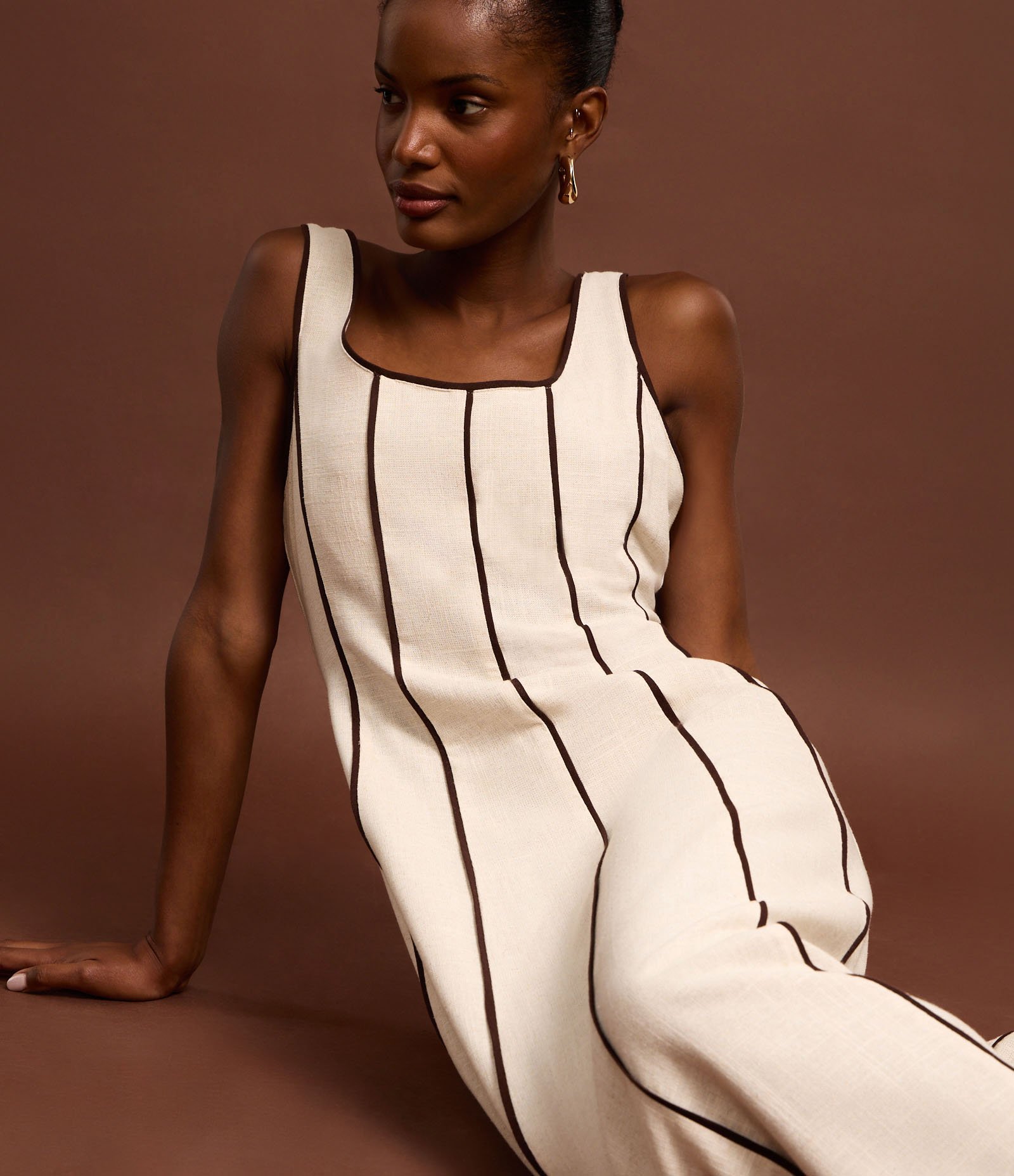 Vestido Evasê Longo em Viscolinho com Viés Contrastante Bege 7