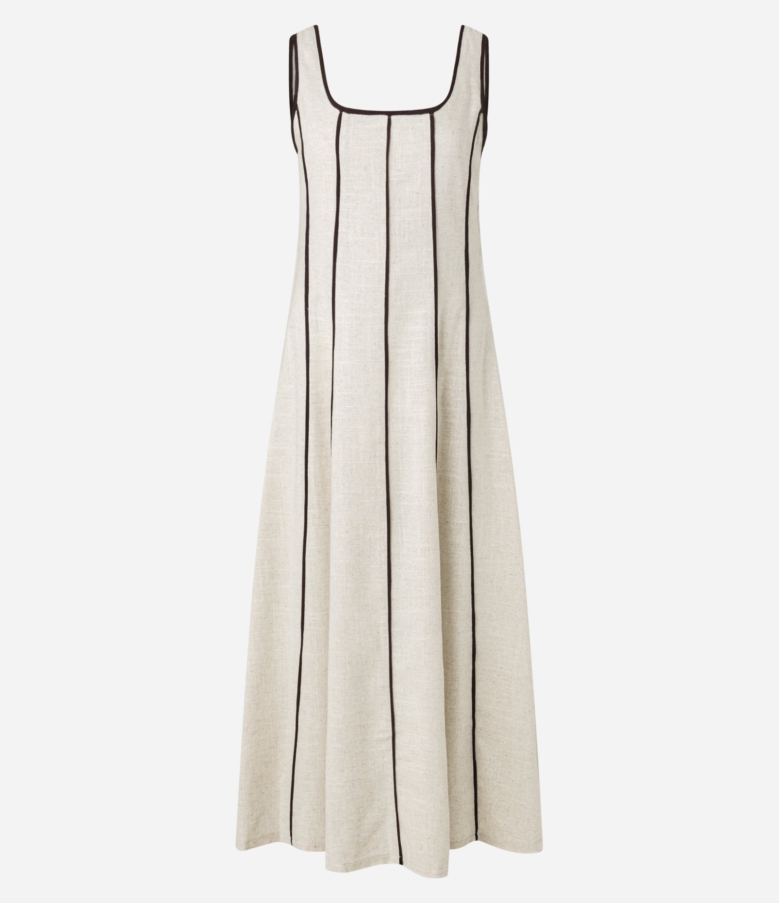 Vestido Evasê Longo em Viscolinho com Viés Contrastante Bege 8