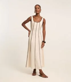 Vestido Evasê Longo em Viscolinho com Viés Contrastante