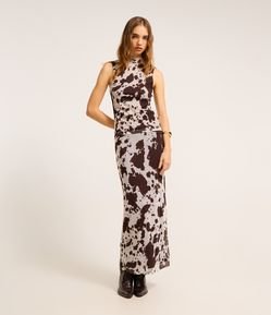 Blusa em Tule com Gola Alta e Estampa Animal Print Bicolor