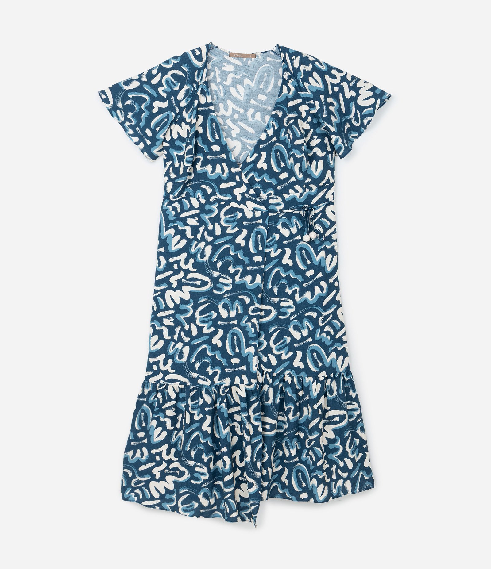 Vestido Longo Transpassado com Estampa Orgânica Bicolor Curve & Plus Size Azul/Branco 4