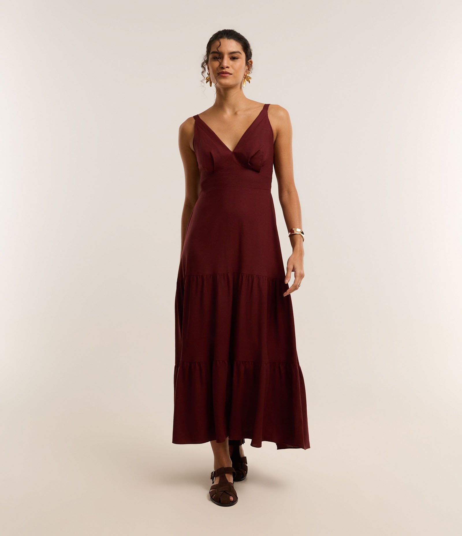 Vestido Midi Evasê em Viscose com Linho com Alça Fina e Babados 2
