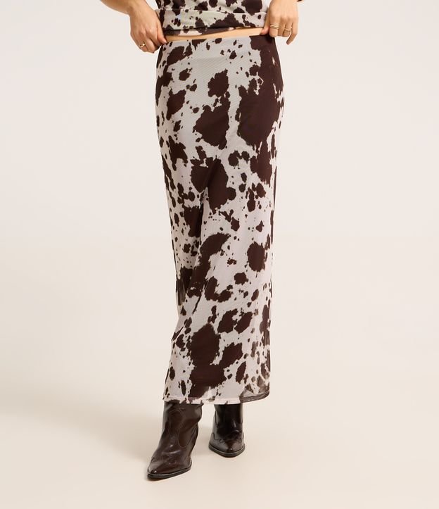 Saia Reta Longa em Tule com Estampa Animal Print Vaca