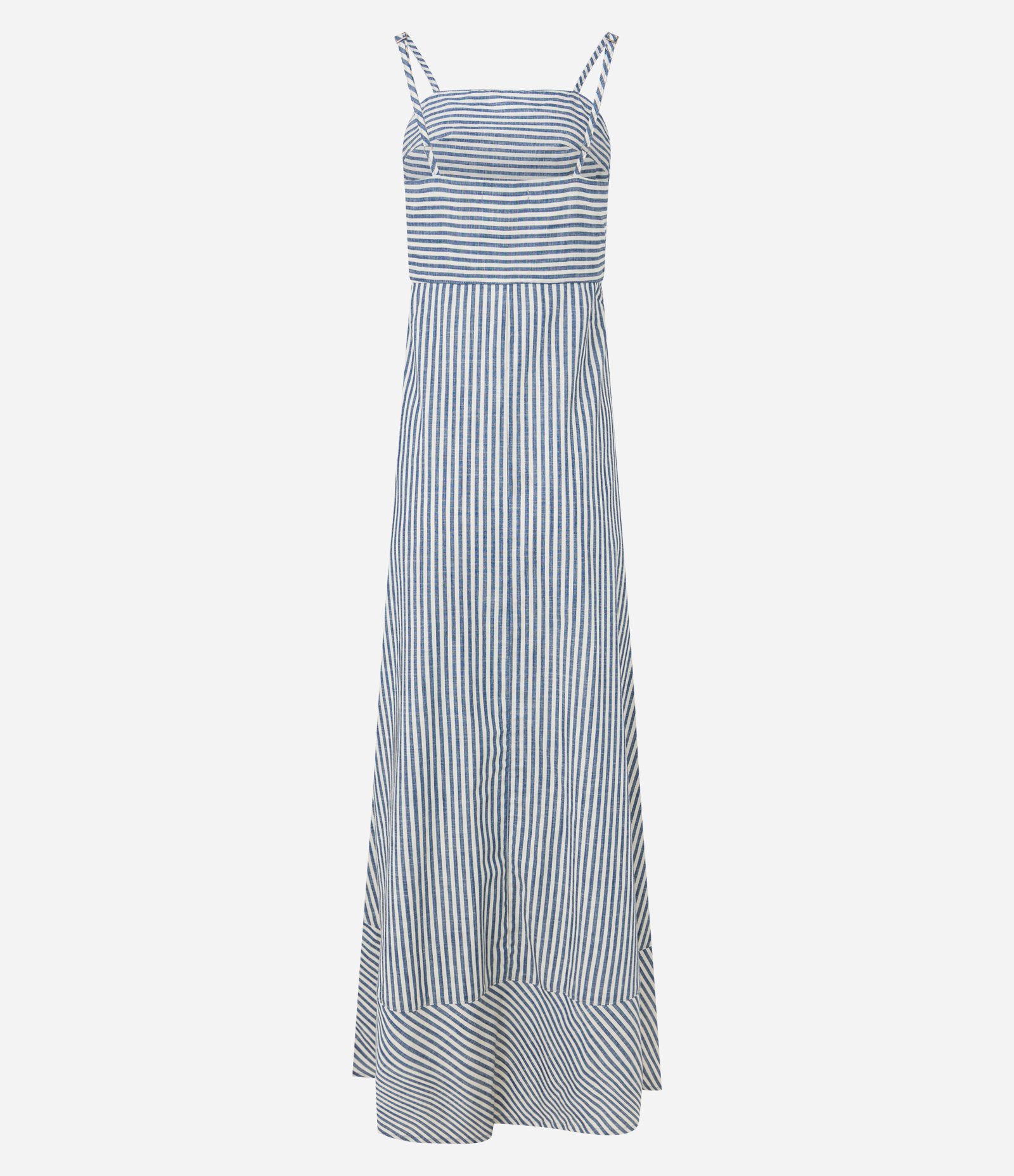 Vestido Longo Reto em Sarja Listrada e Alcinhas Azul Médio 7