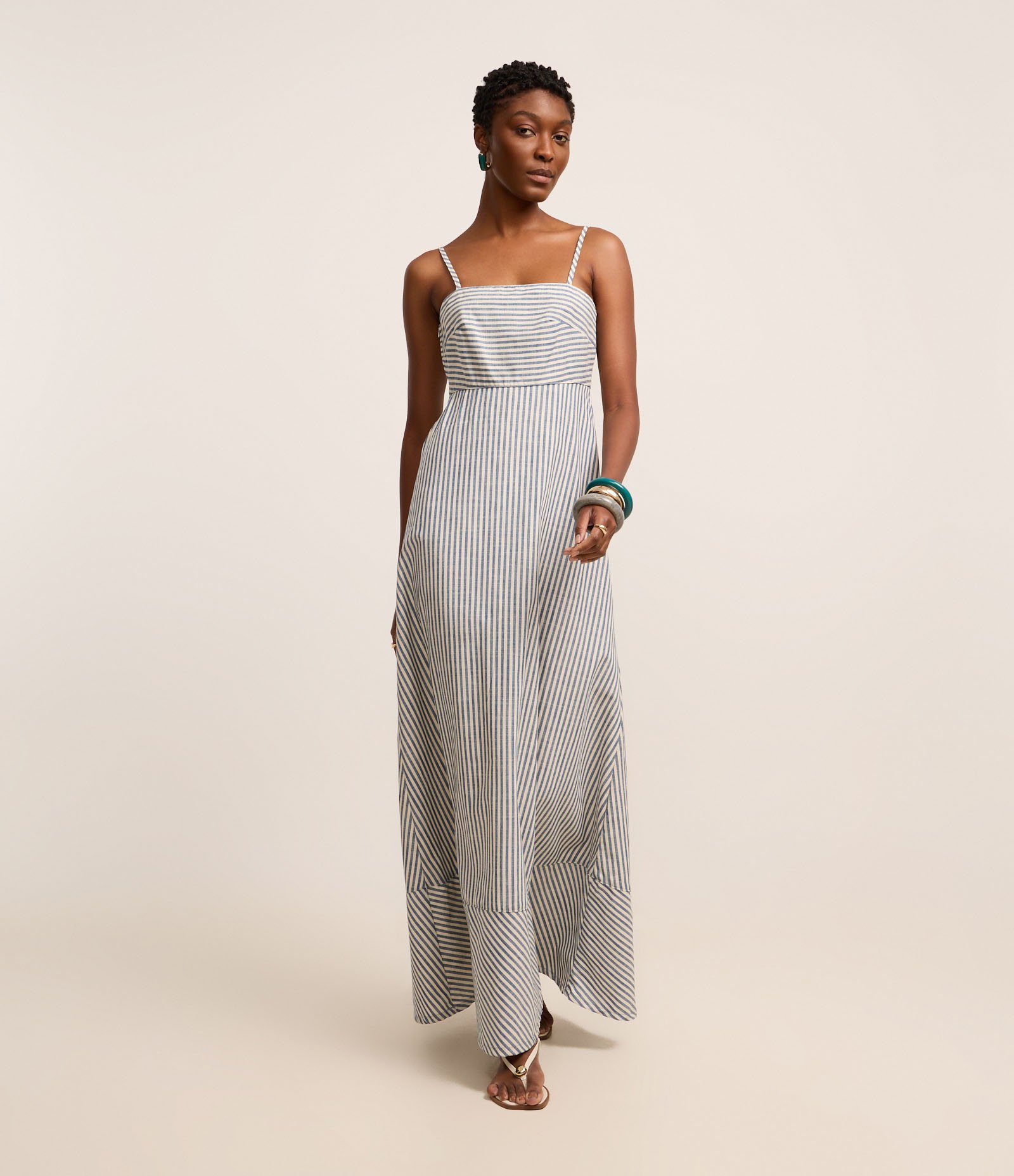 Vestido Longo Reto em Sarja Listrada e Alcinhas Azul Médio 1