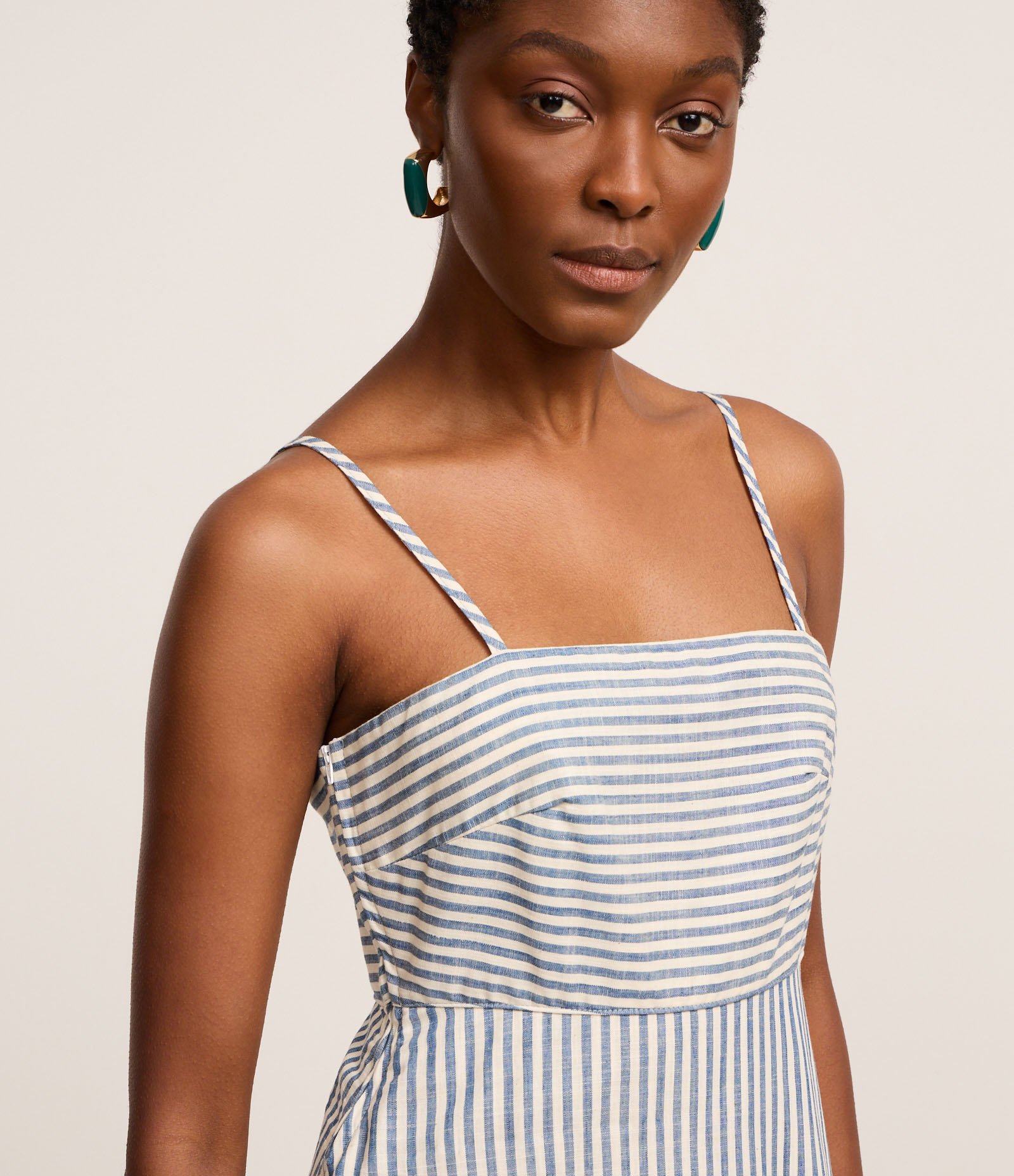 Vestido Longo Reto em Sarja Listrada e Alcinhas Azul Médio 3