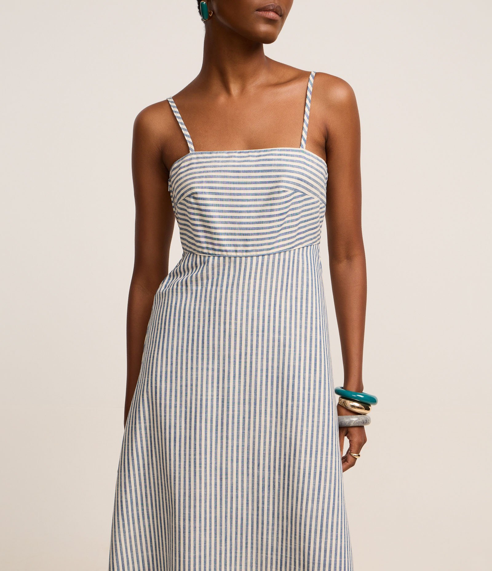 Vestido Longo Reto em Sarja Listrada e Alcinhas Azul Médio 4