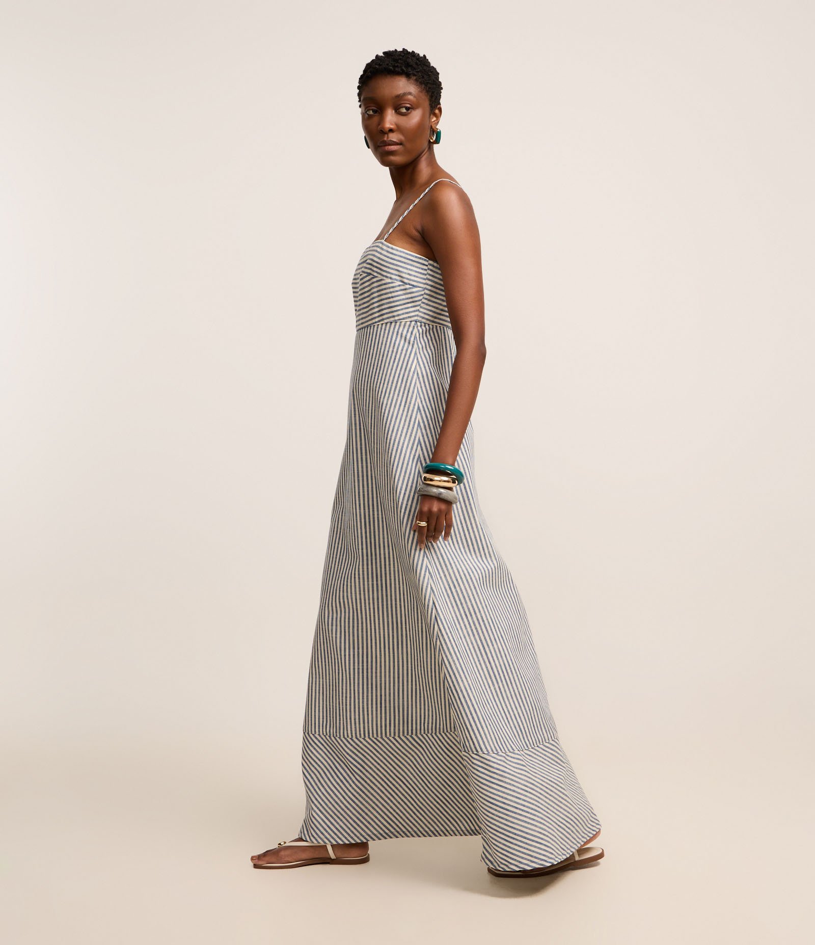 Vestido Longo Reto em Sarja Listrada e Alcinhas Azul Médio 5