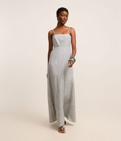 Vestido Longo Reto em Sarja Listrada e Alcinhas