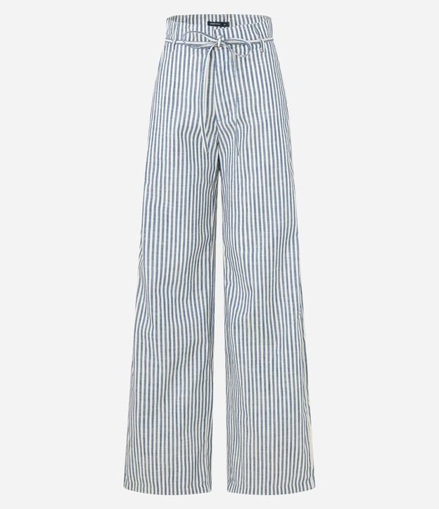Calça Wide Leg em Sarja com Listras e Cinto Fino