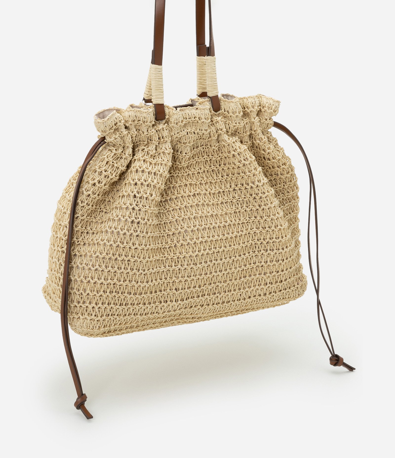 Bolsa de Praia em Palha com Alça de PU Bege 2