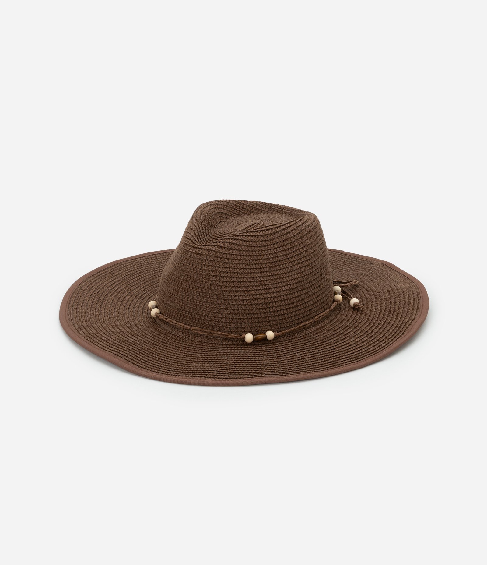 Chapéu de Praia em Palha de Papel com Aba Média e Miçangas de Madeira Marrom 2