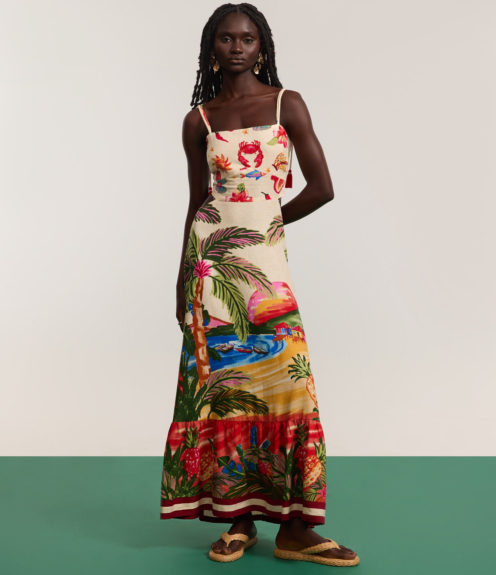 Vestido New Midi em Viscolinho com Estampa Tropical Bege 5