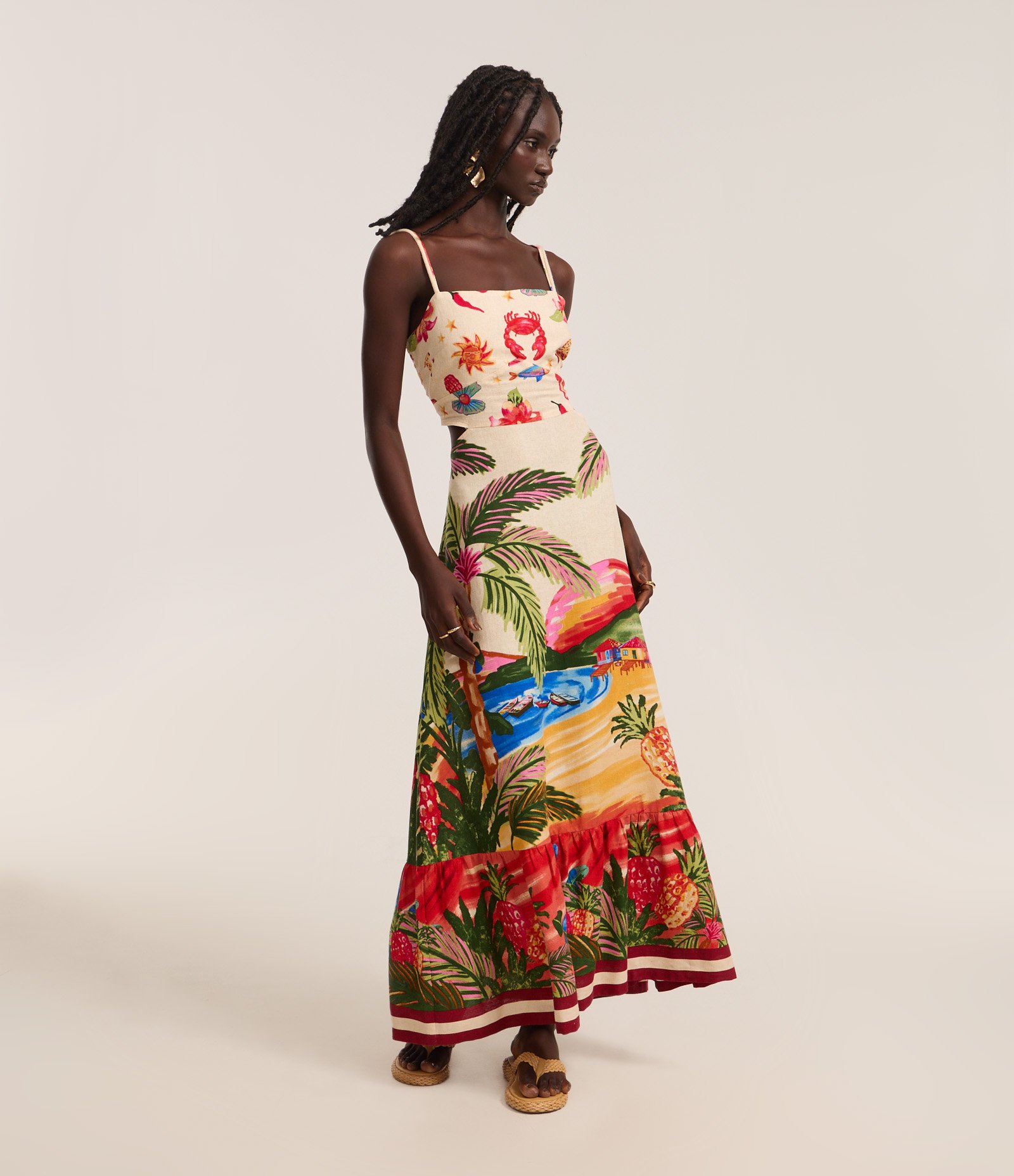 Vestido New Midi em Viscolinho com Estampa Tropical Bege 1