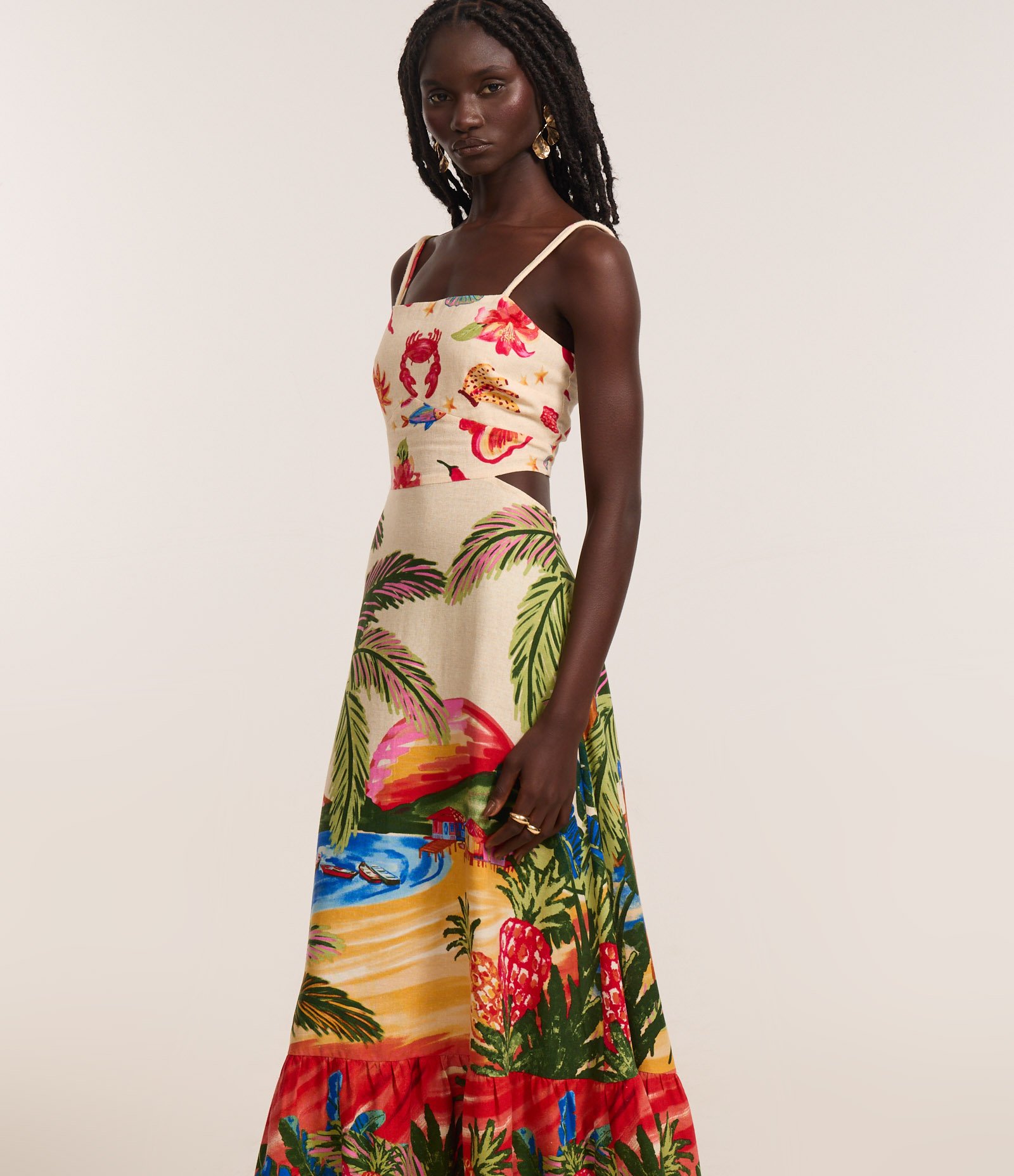 Vestido New Midi em Viscolinho com Estampa Tropical Bege 2