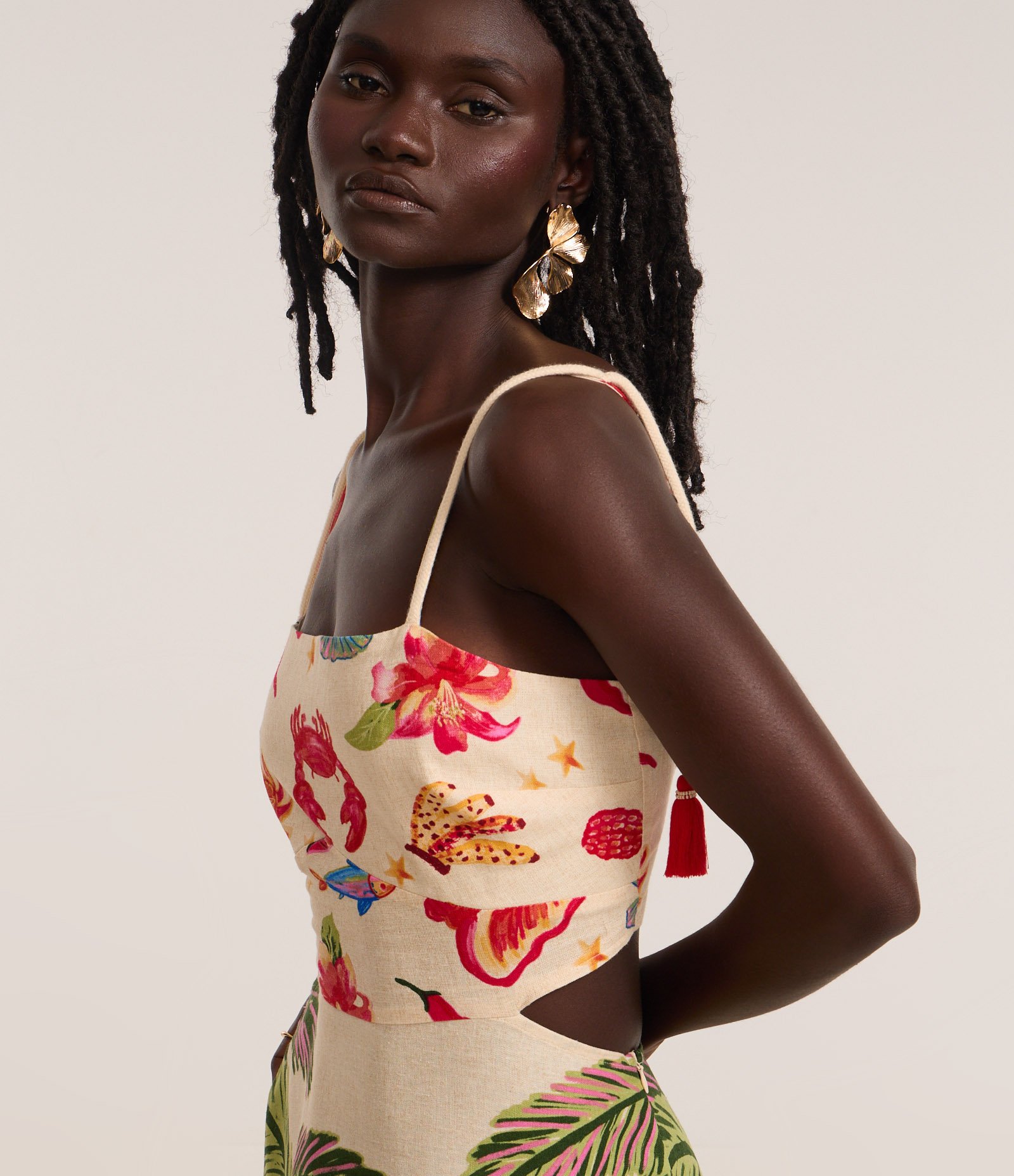 Vestido New Midi em Viscolinho com Estampa Tropical Bege 3