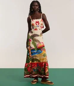 Vestido New Midi em Viscolinho com Estampa Tropical