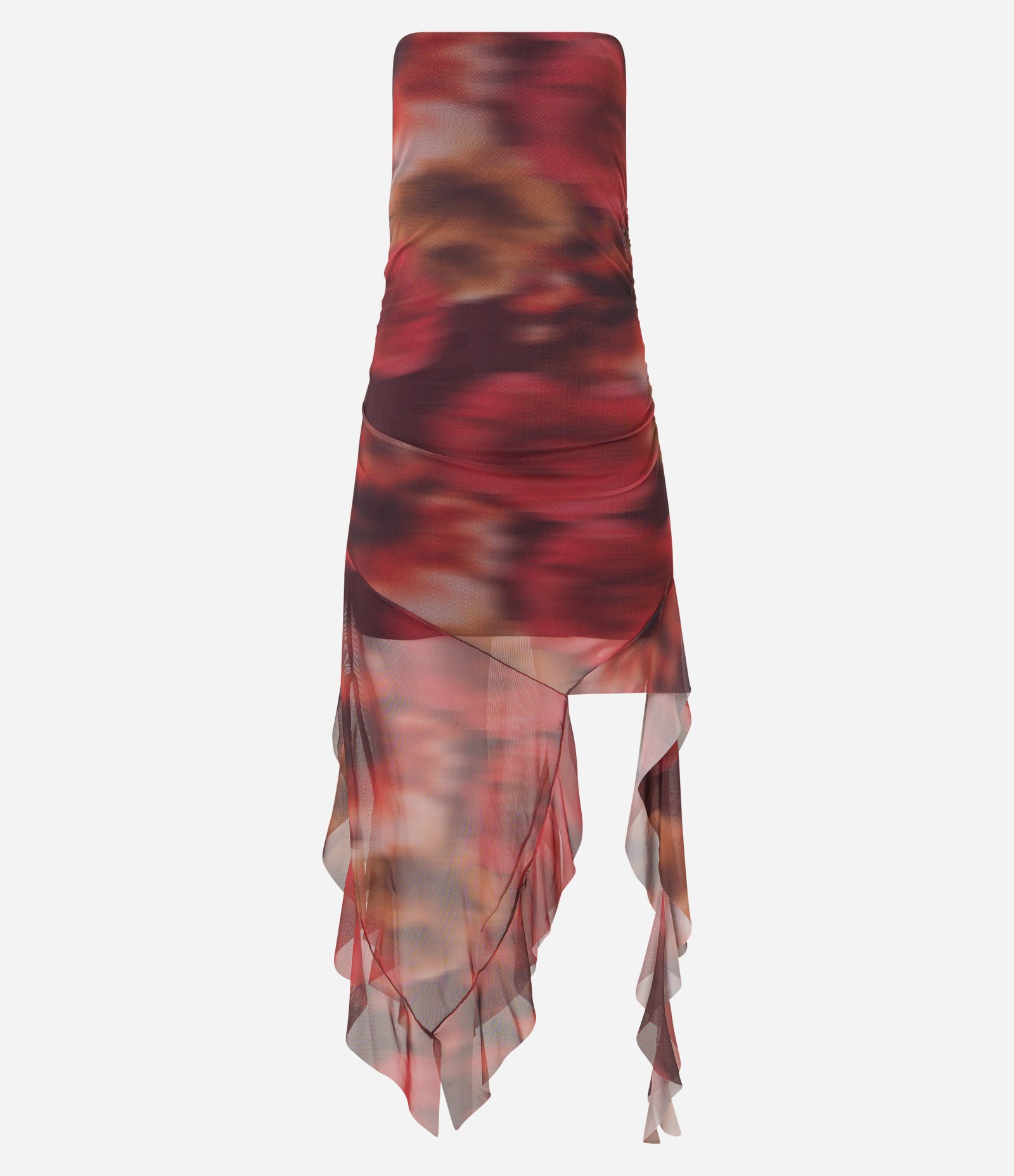 Vestido Justo em Tule com Estampa Abstrata e Pontas Alongadas Bordô 7