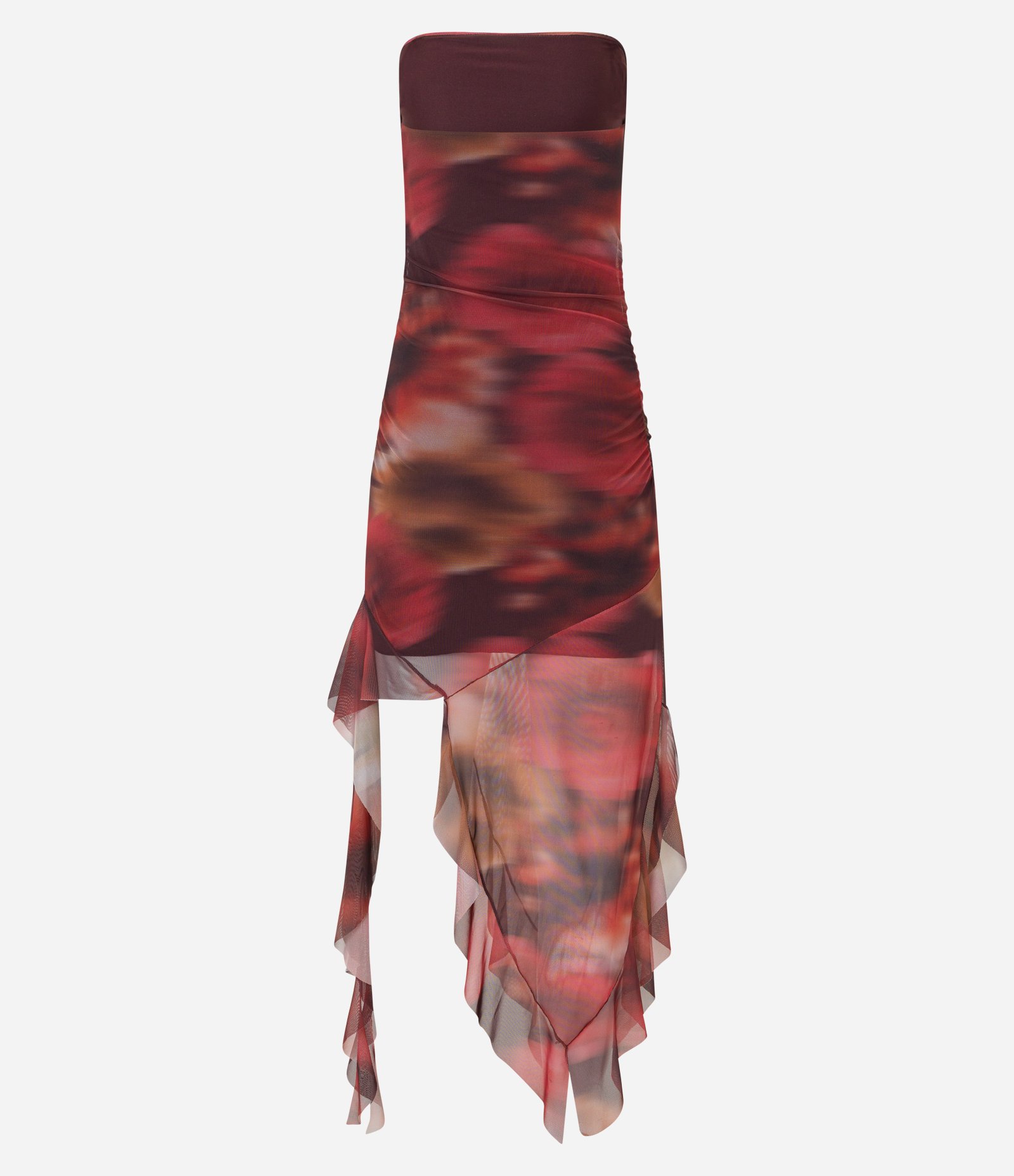 Vestido Justo em Tule com Estampa Abstrata e Pontas Alongadas Bordô 9
