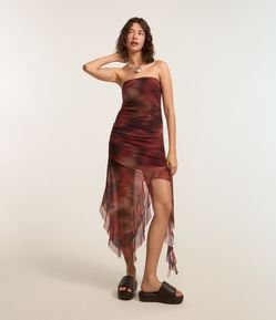 Vestido Justo em Tule com Estampa Abstrata e Pontas Alongadas