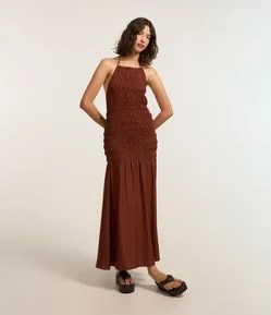 Vestido New Midi em Lastex com Gola Halter e Babado