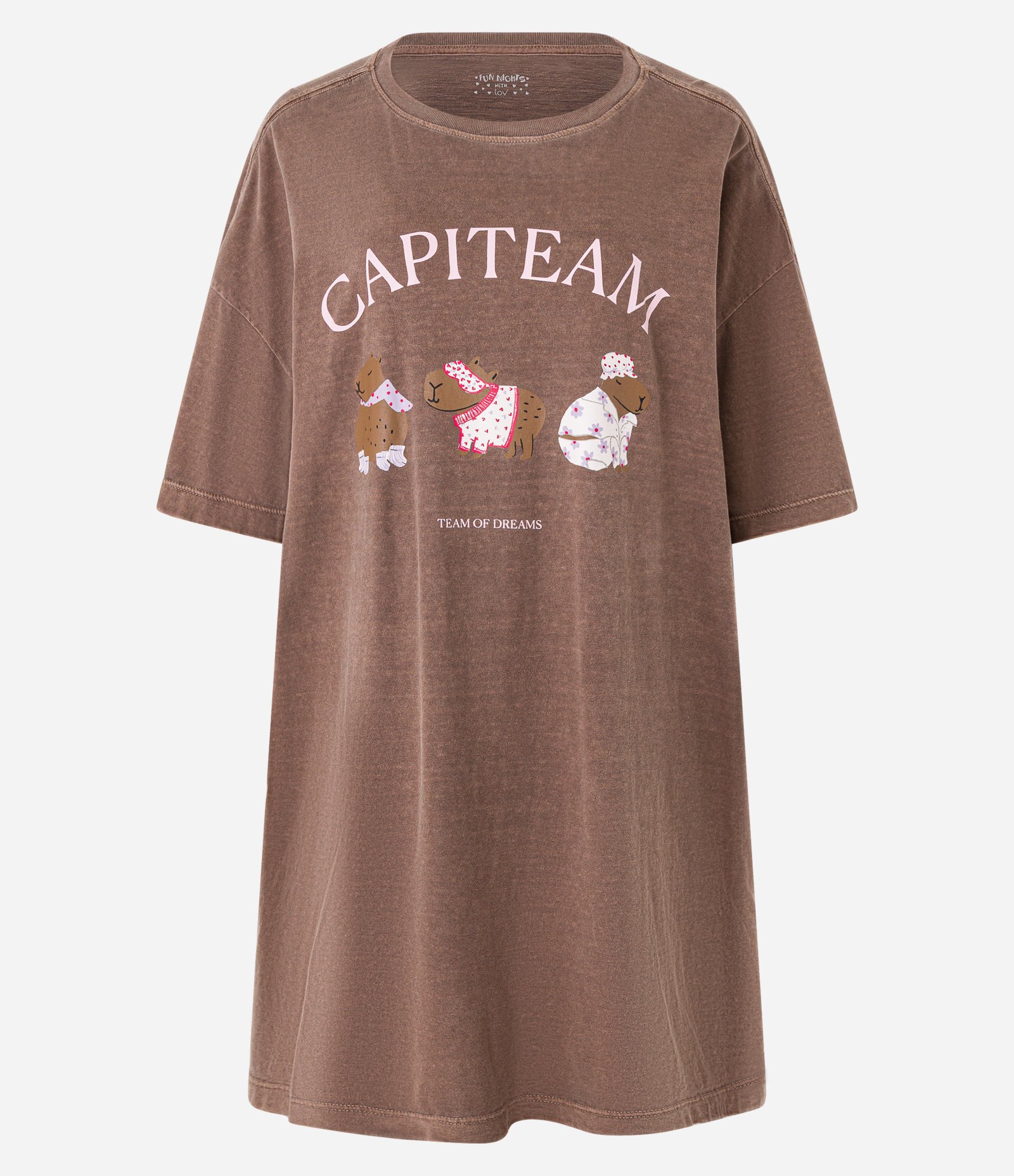 Camisola T-shirt em Algodão Estonado com Estampa Capivaras Marrom 3