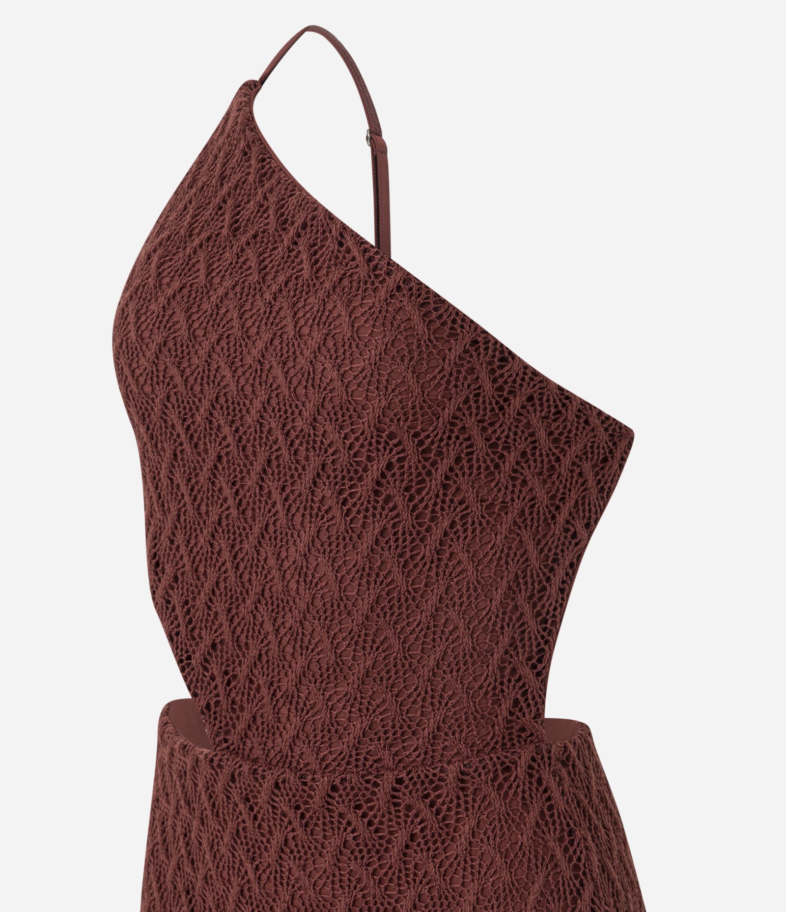 Vestido New Midi em Renda com Um Ombro Só e Vazado na Cintura Bordô 11