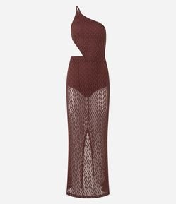 Vestido New Midi em Renda com Um Ombro Só e Vazado na Cintura