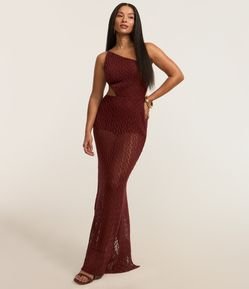 Vestido New Midi em Renda com Um Ombro Só e Vazado na Cintura
