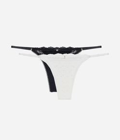 Kit 02 Calcinhas String Fio Duplo com Textura Furadinha e Detalhe de Renda