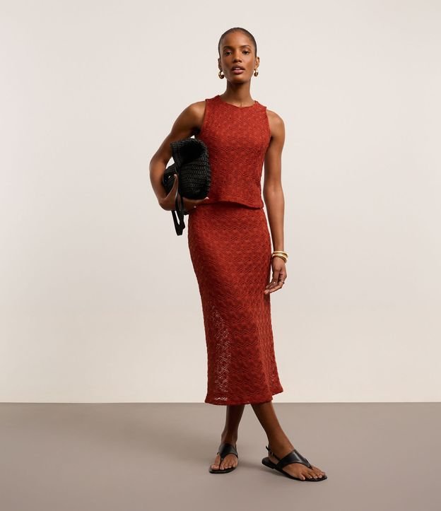 Saia Midi com Efeito Croche Sobreposto