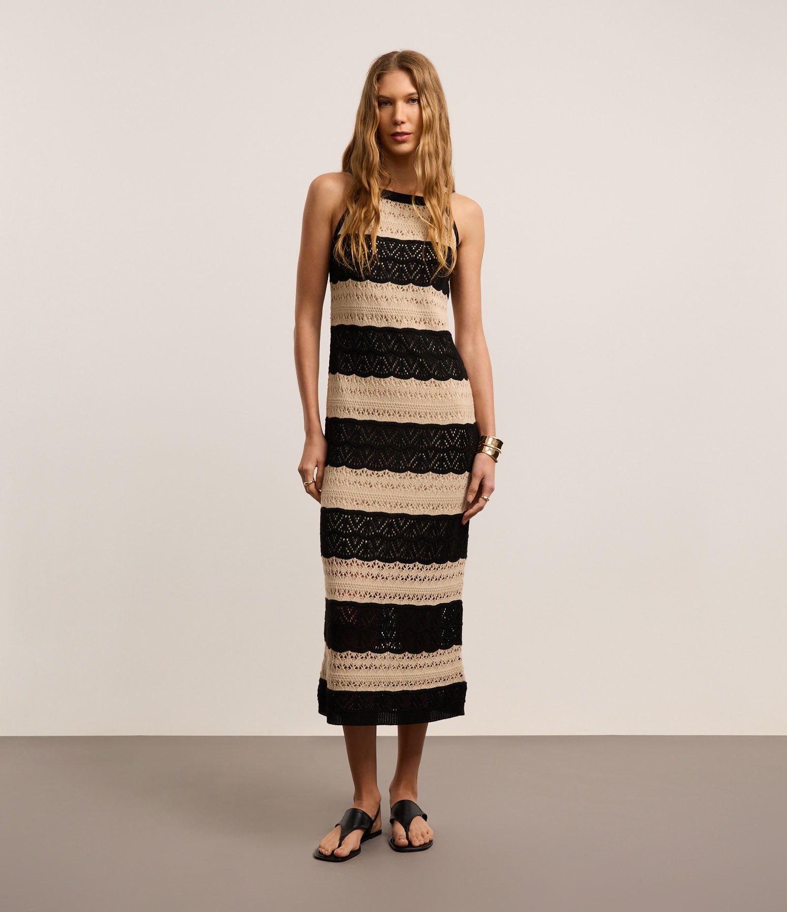 Vestido Midi Listrado em Tricô com Ponto Efeito Crochê Bicolor 2