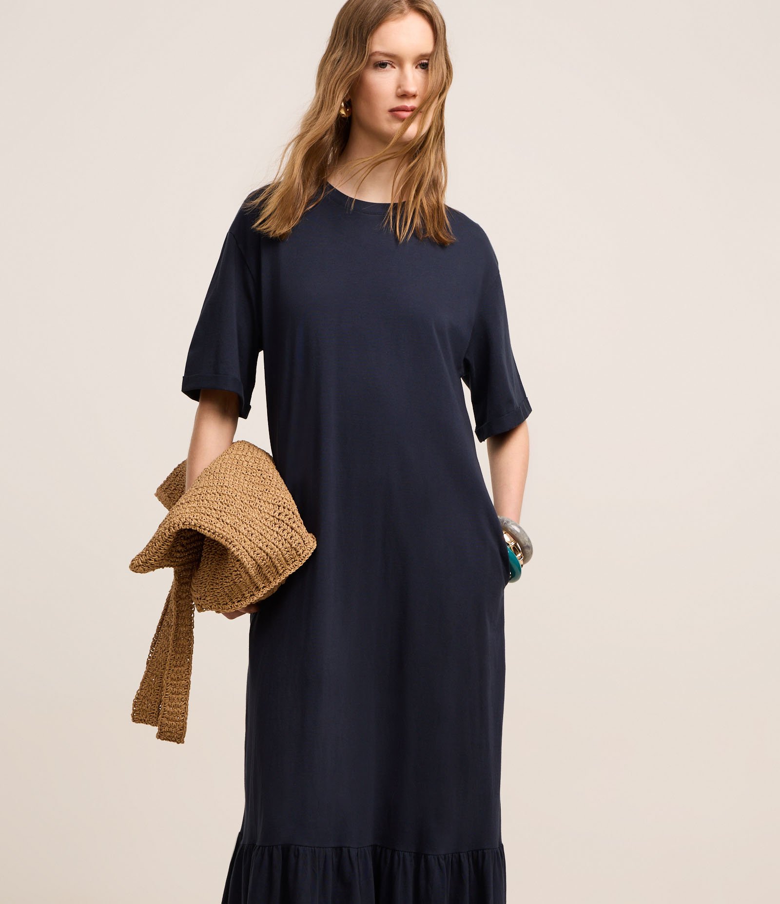 Vestido Midi em Algodão com Mangas Largas Azul Escuro 2