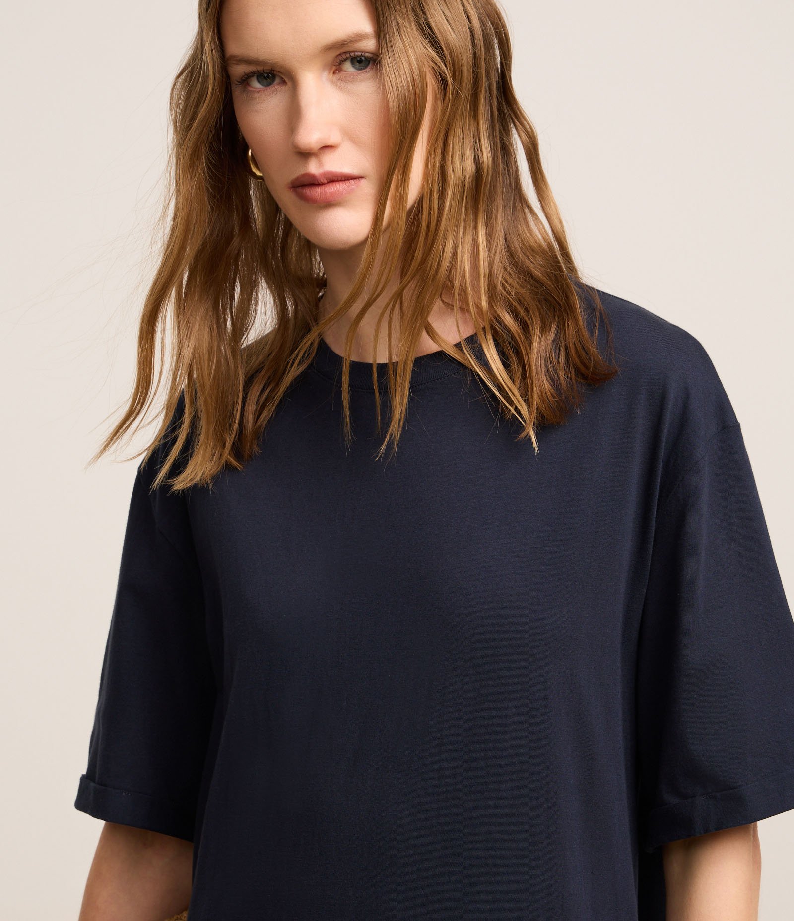 Vestido Midi em Algodão com Mangas Largas Azul Escuro 4