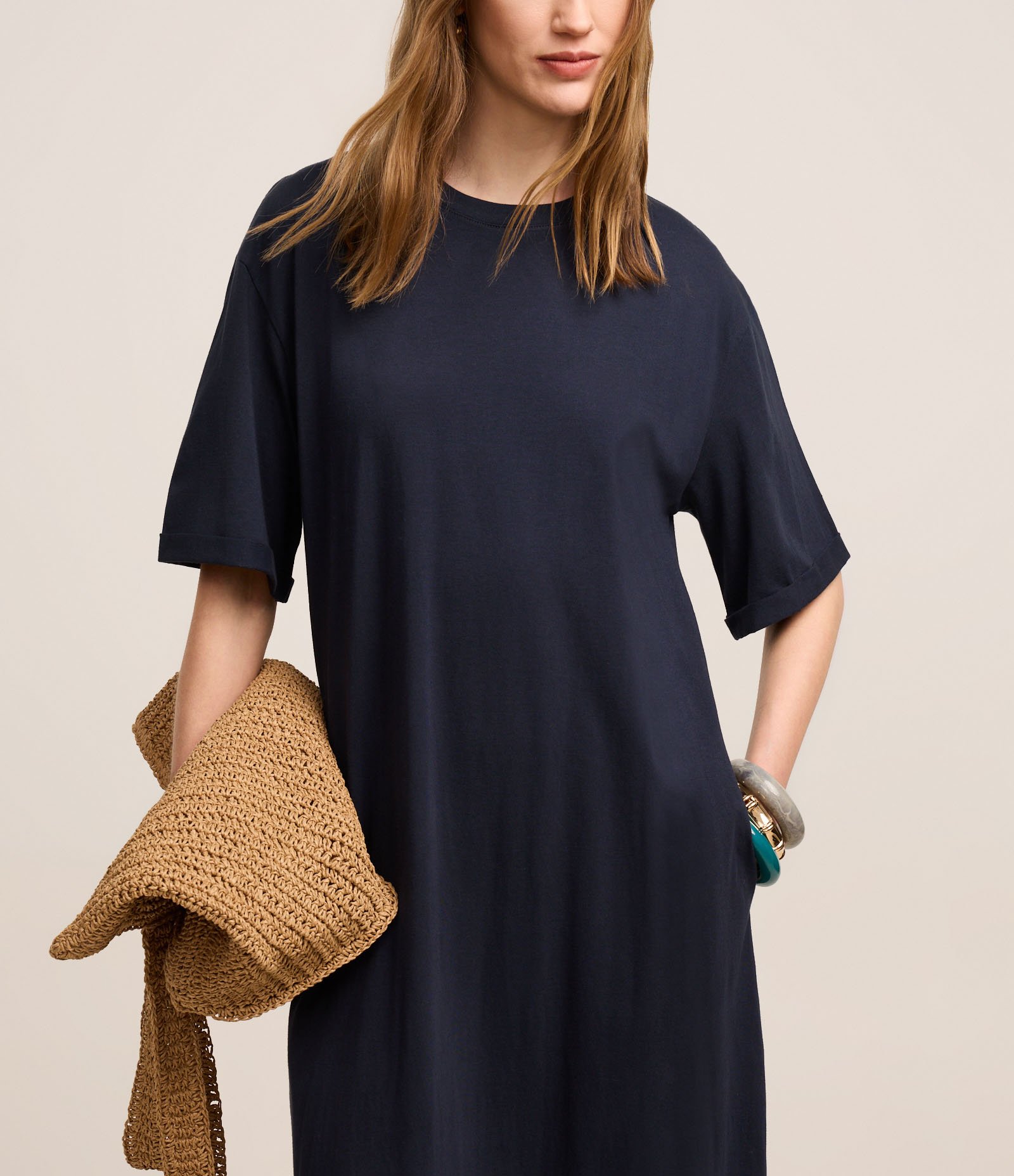 Vestido Midi em Algodão com Mangas Largas Azul Escuro 5