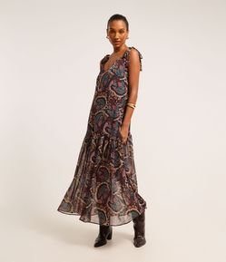 Vestido Longo em Chiffon com Laço no Ombro e Estampa Paisley