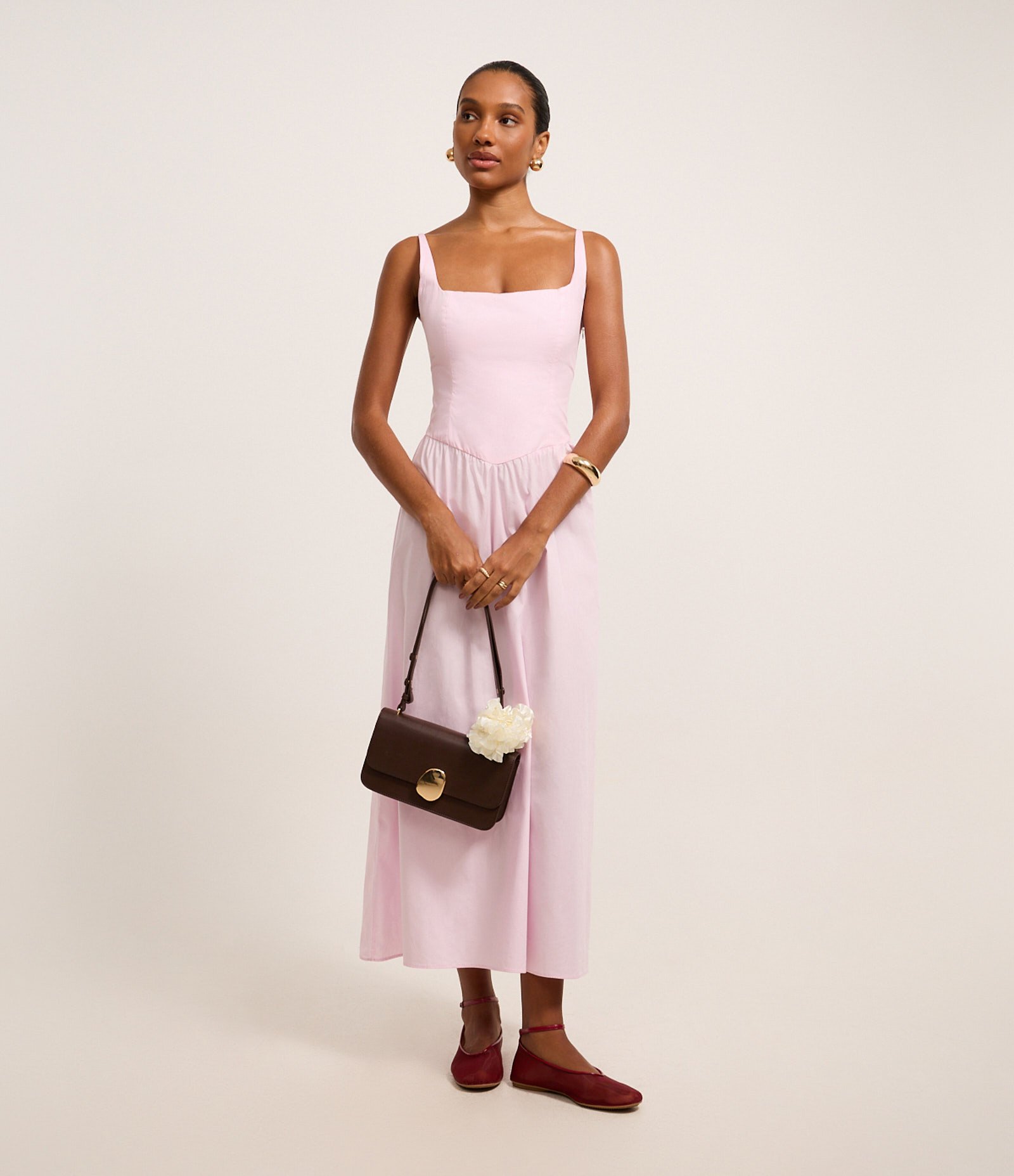 Vestido Evasê Long Midi em Tricoline com Lastex nas Costas Rosa Bebê 2