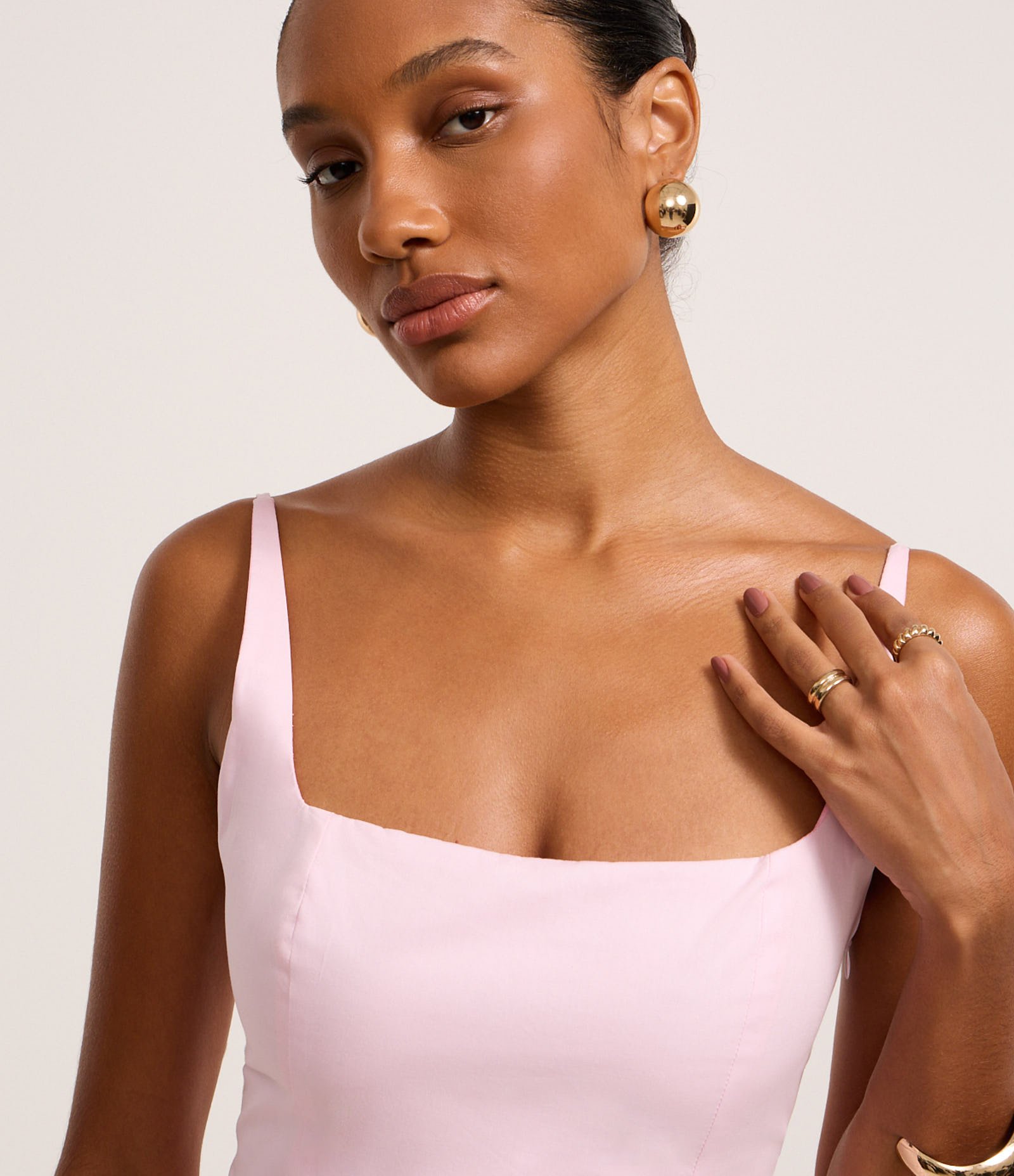 Vestido Evasê Long Midi em Tricoline com Lastex nas Costas Rosa Bebê 3