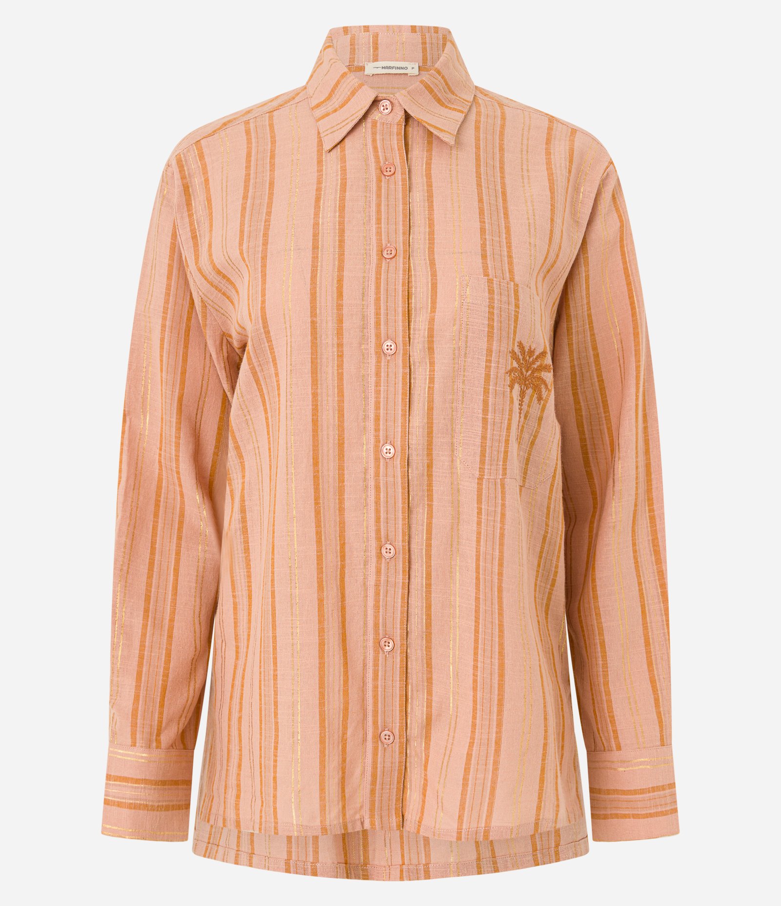 Camisa Listrada em Tricoline com Coqueiro Bordado no Bolso Laranja 5