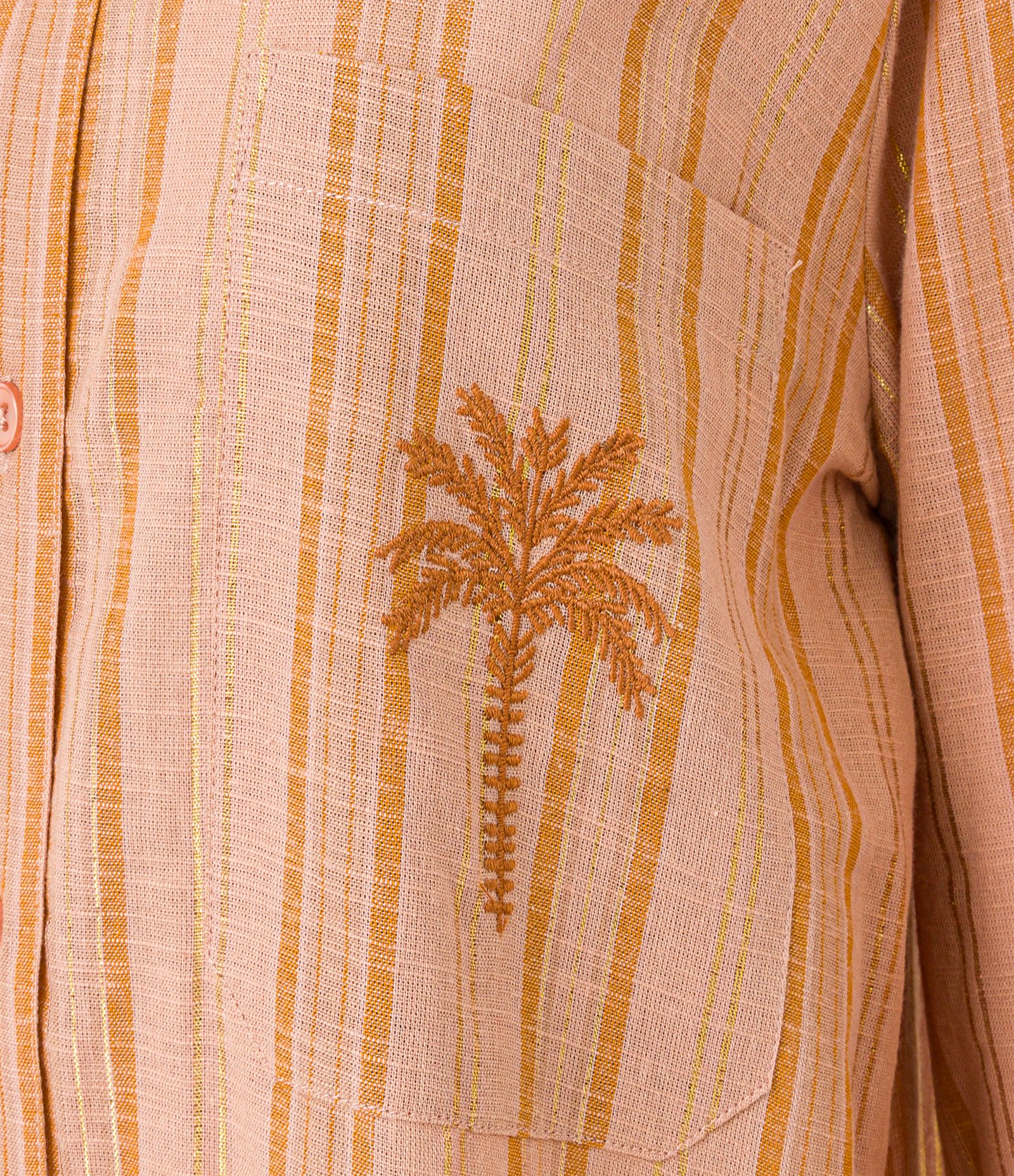 Camisa Listrada em Tricoline com Coqueiro Bordado no Bolso Laranja 6